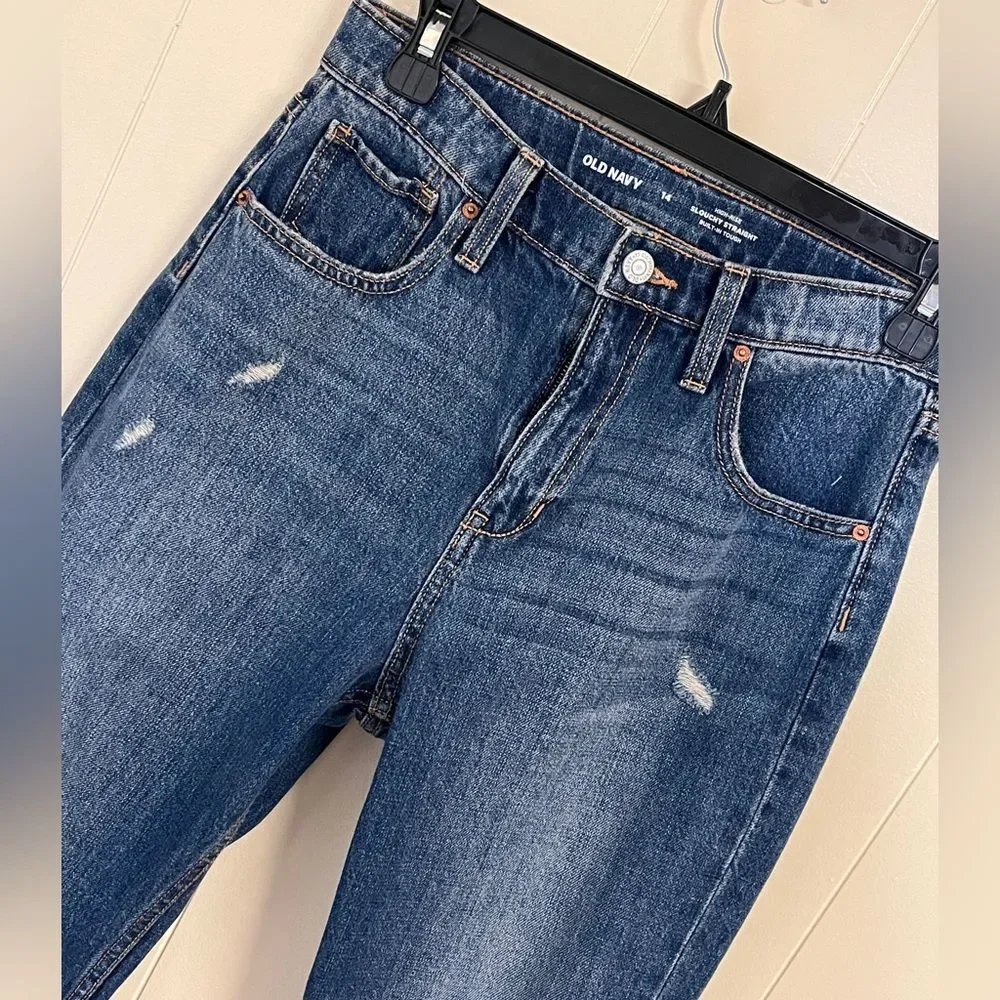 Girls High Rise Slouchy Straight Ripped Jeans Blue Denim 14